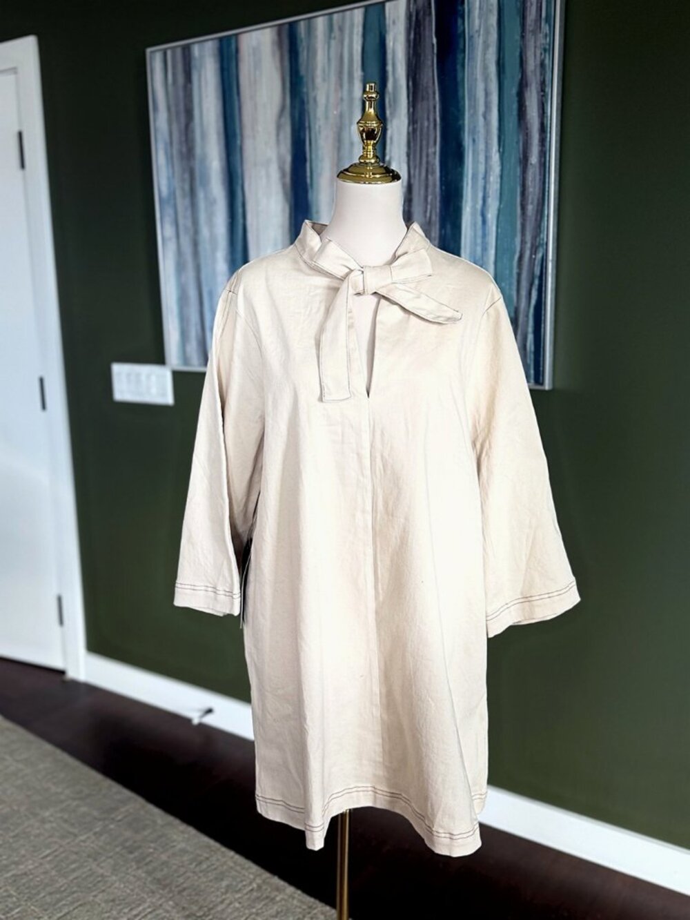 Cream Cotton Tie Neck Tunic Shift Dress Bow Neck NWT